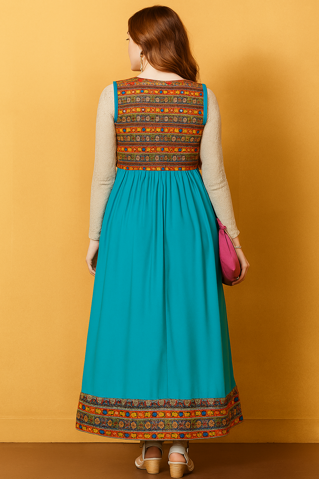 Traditional Turquoise Flared Dress with Embroidered Vest - Ethnic Print Border, Long Length