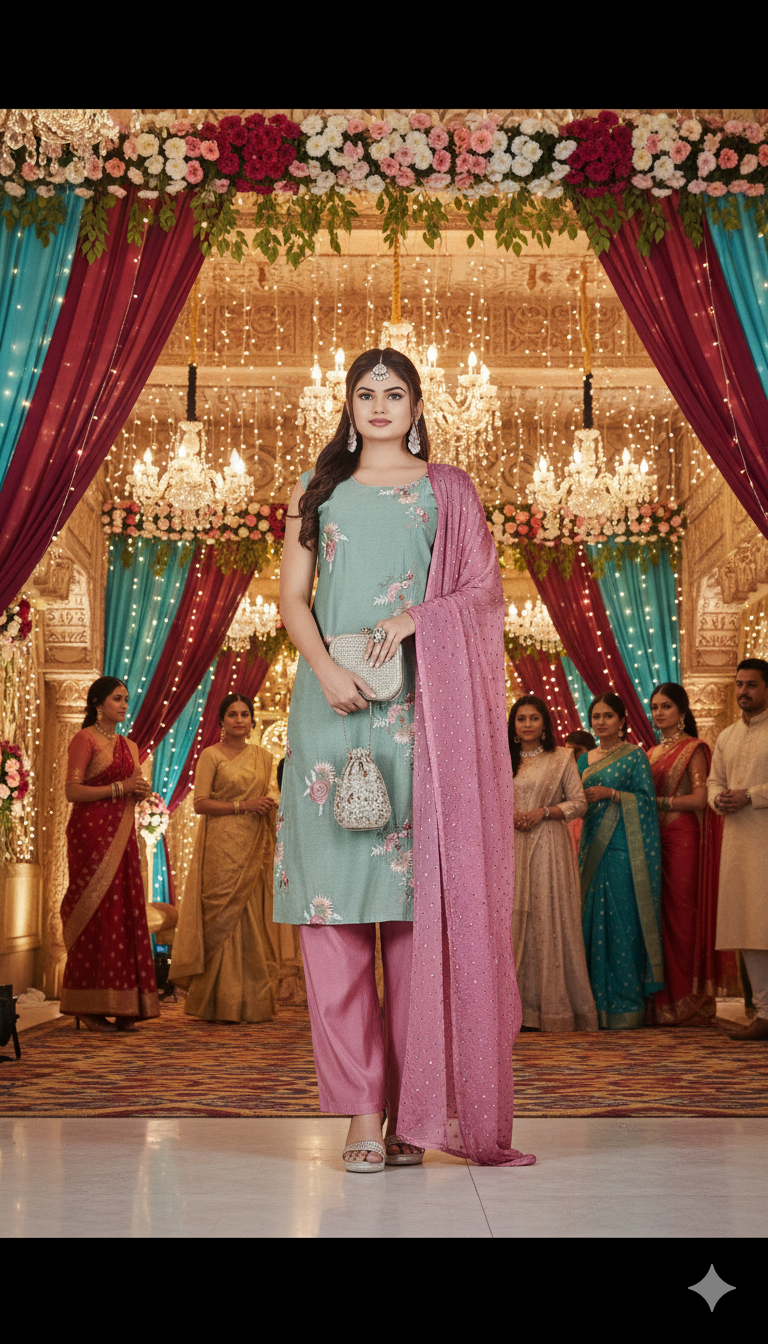 The Xoxo Women's Floral Embroidered Asymmetric Kurti Set with Pink Palazzo - Mint Green and Rose Pink, Cotton Blend, Traditional Indian Ethnic Wear
