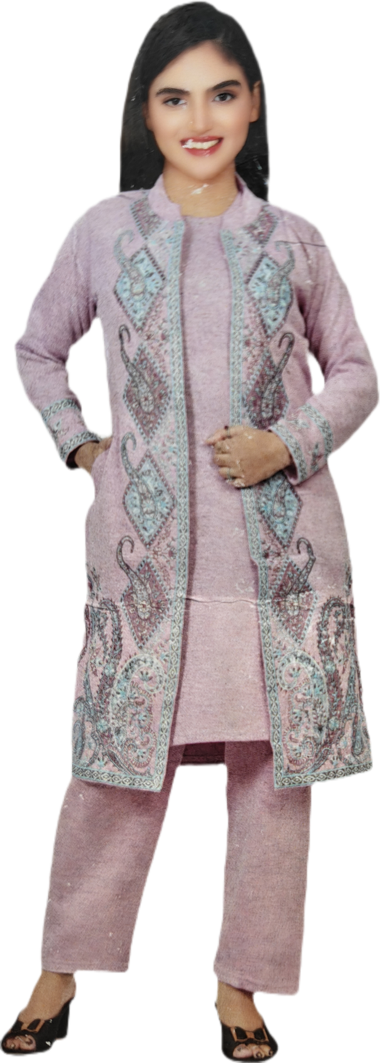 Lavender Woven Straight Kurti Set with Embroidered Front-Open Jacket – Elegant Women’s Ethnic Wear Suit for Festive & Party Wear