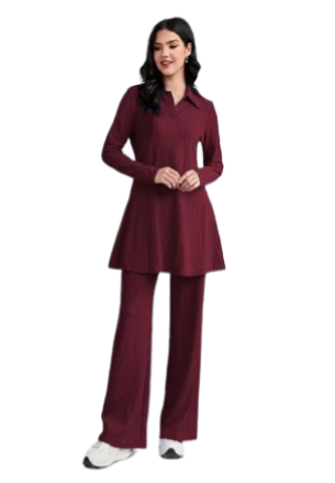 Women Maroon Co-od Set - Stylish Long Sleeves Top, Straight Pant, Elegant Western & Ethnic Wear