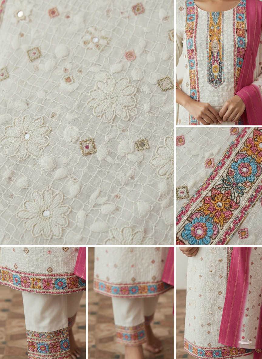 White Mirror Embroidered Work Pakistani Suit Set - Chanderi Silk, Chikan Work, Digital Print