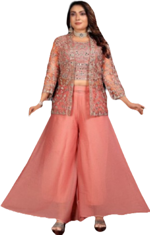 Georgette Koti Sharara Blouse Set - Rose Orange