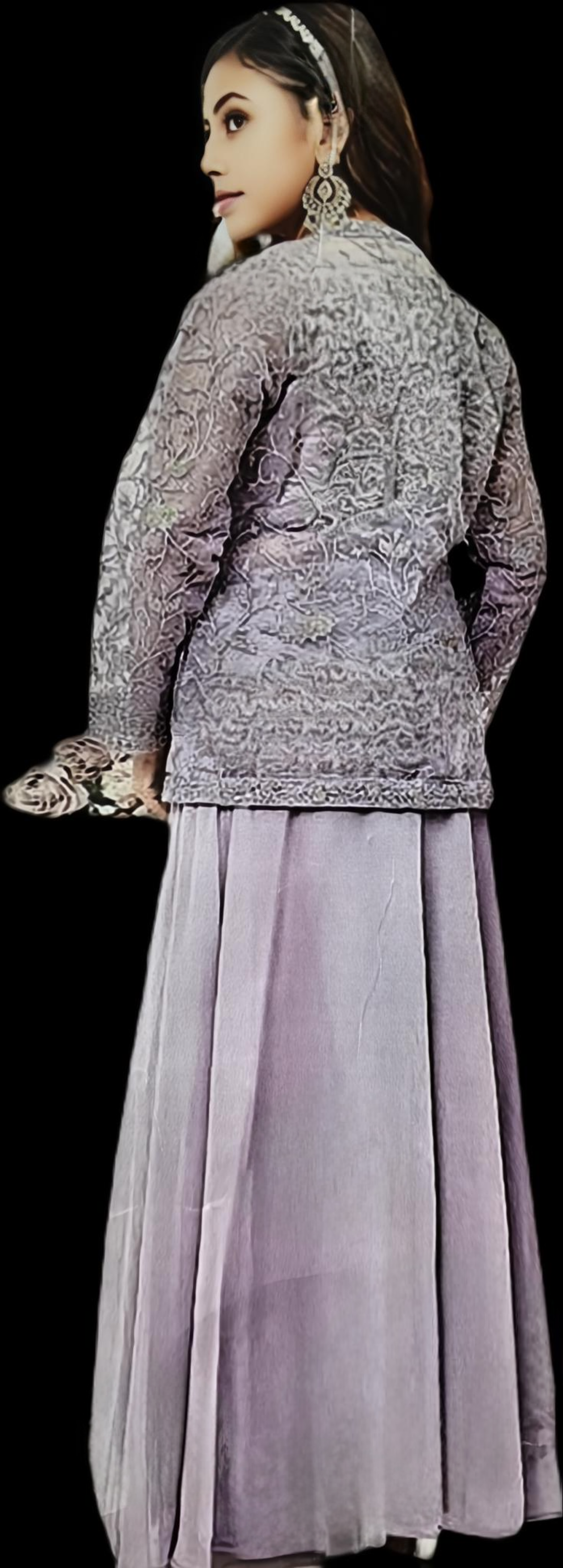 Georgette Koti Sharara Blouse Set - High Heavy Moti Work Pink Suit, Comes with Blouse, Koti & Sharara, Matching Dupatta, (Purple,XL)