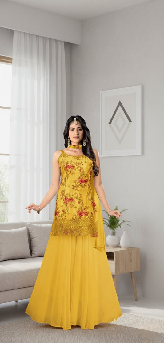 Yellow Floral Embroidered Kurti With Flared Palazzo & Dupatta | Women’s Festive Ethnic Suit Set