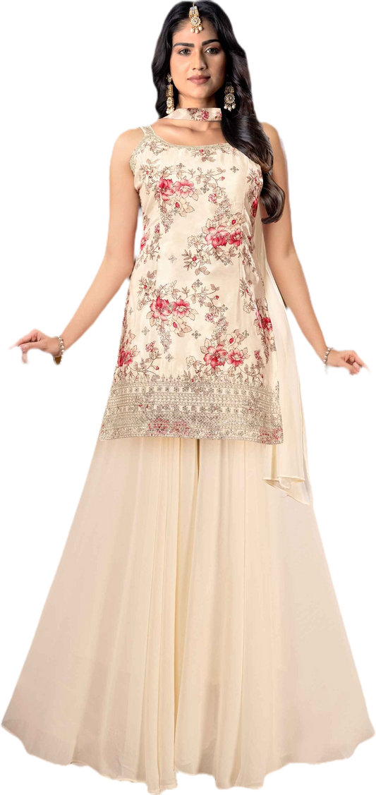 Cream Floral Embroidered Kurti With Flared Palazzo & Dupatta | Women’s Festive Ethnic Suit Set