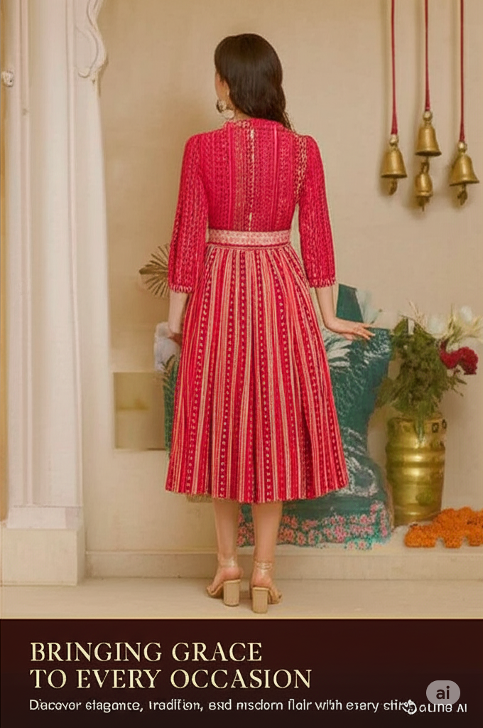 The Xoxo Women's Traditional Cotton A-Line Dress, with Belted Embroidery, V-Neck, Three Quarter Sleeve, Ankle Length
